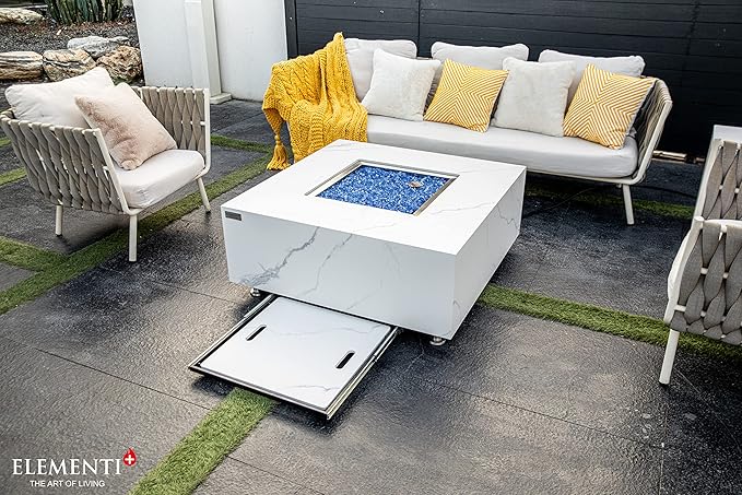 Elementi+ | Bianco Gas Fire Pit | Marble Porcelain & Metal Frame | 40" Square Fire Table | Electronic Ignition | Canvas Cover, Fire Glass & Burner Lid Included | White | Natural Gas