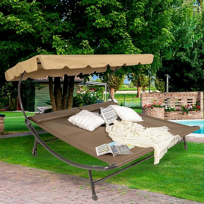 Sunnyglade 6.6'L x 6.5'W Patio Double Chaise Lounge Bed with Canopy,Headrest Pillow and Wheels,Portable Outdoor Hammock Bed for Backyard,Lawn,Garden,Courtyard,Brown
