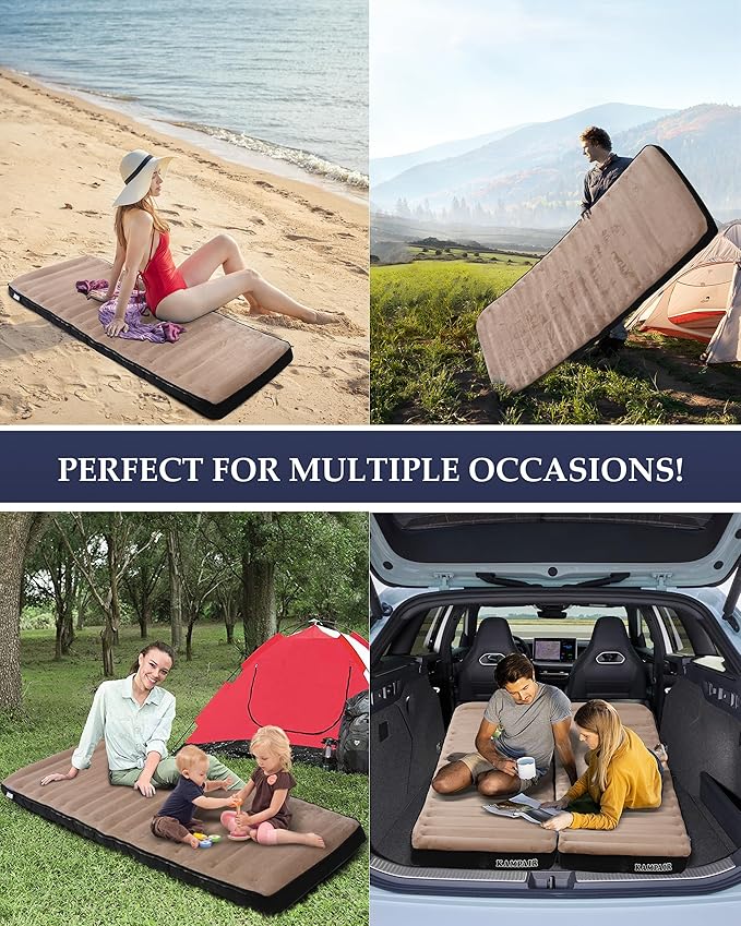 Inflatable Sleeping Pad for Camping, Extra-Thick 4.75" Single Air Mattress with Soft Velvet Top, Machine Washable, Family Lightweight 4-Season Pad for Traveling & Hiking, Brown