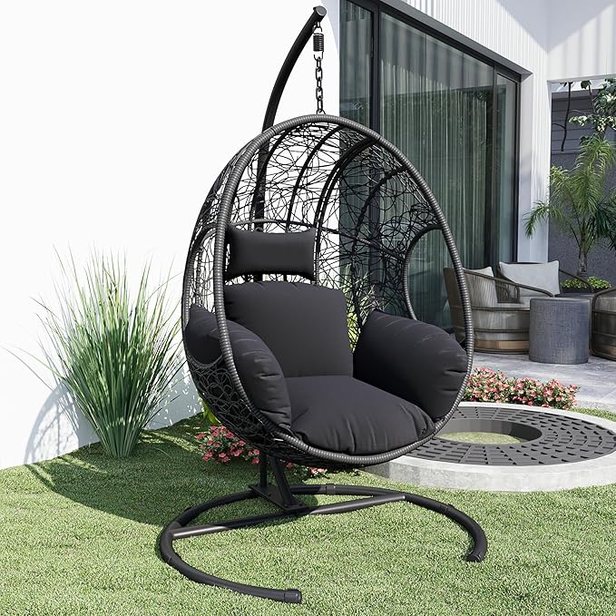 Hanging Egg Chair with Stand - Egg Swing Chair Outdoor Indoor Patio Wicker Chair Swing Hammock Egg Chairs 400lbs Capacity for Outside Patio, Bedroom, Garden and Balcony (Grey-nest, 2P)