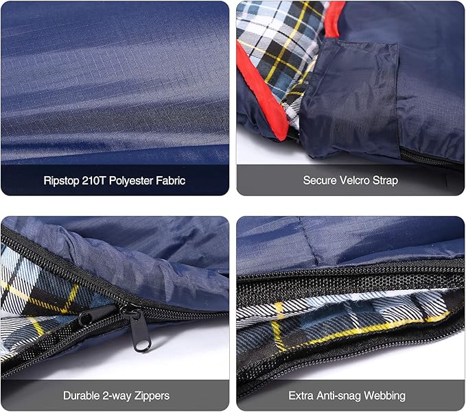 REDCAMP Cotton Double Sleeping Bag for Adults, 2 Person Cold Weather Queen Size Flannel Sleeping Bags for Camping, Black/Navy Blue