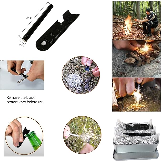 Fire Starter Kit – 6 Magnesium Bags + 3.15" Ferro Rod (12,000+ Strikes) + 4" Waxed Rope (12 Min Burn) – Survival Kit in Waterproof Tin for Camping, Hiking