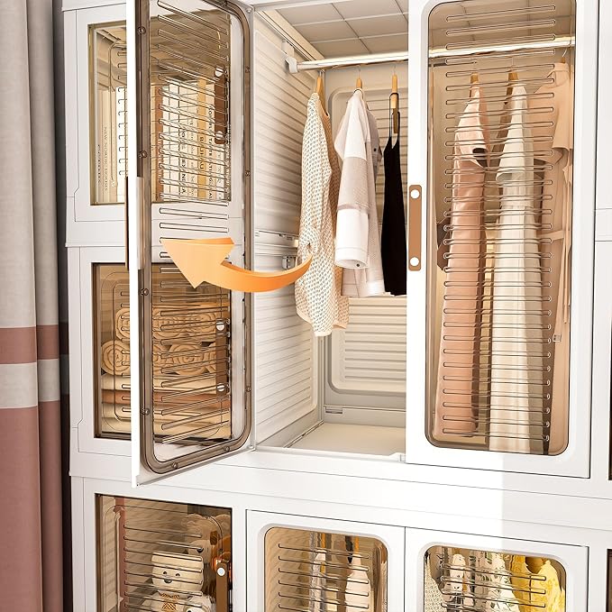 Portable Wardrobe Closet Storage Organizer for Clothes, Plastic Collapsible Closet Organizer with Magnetic Transparent Door, for Living Room Bedroom,Easy Assemble,8 Cubes & 2 Hanging Rod