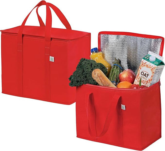 VENO 2 Pack Cooler Bag and Insulated Grocery Bags for Food Delivery, Collapsible Cooler, Reusable Shopping Bags for Groceries with Zipper, Foldable, Heavy-Duty, Stands Upright (Red, 2 Pack)
