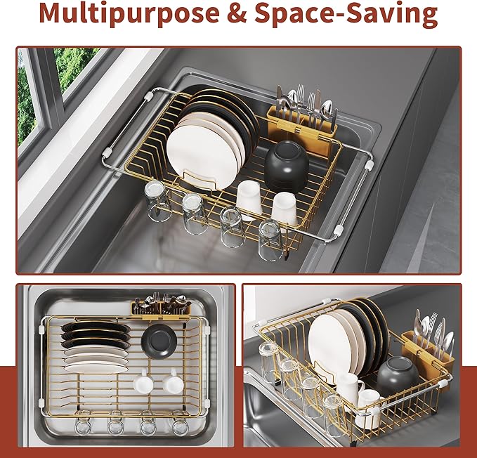 Sink Dish Drying Rack, Expandable Stainless Steel Dish Rack Over Sink, Kitchen Sink Drain Strainer with Cutlery Holder & Cup Holders, Space Saving Plates Dryer Rack, Gold