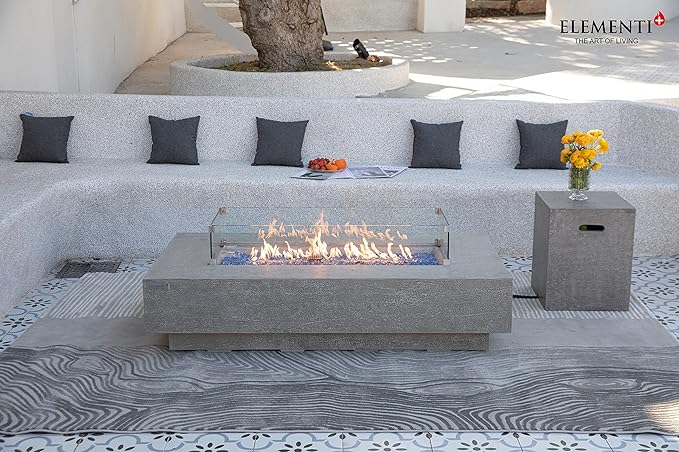 Elementi+ | Riviera Gas Fire Pit Cast Concrete 60" Rectangular Fire Table, Outdoor Fire Pit Electronic Ignition | Canvas Cover, Fire Glass and Burner Lid Included | Light Gray | Natural Gas