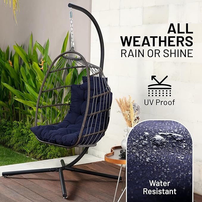 SereneLife Foldable Egg Chair with Stand – Hanging Rattan Wicker Swing for Indoor Outdoor Use – 350 lbs Capacity, Breathable Cushion & Headrest – Patio, Balcony, Porch, Bedroom Lounge Furniture