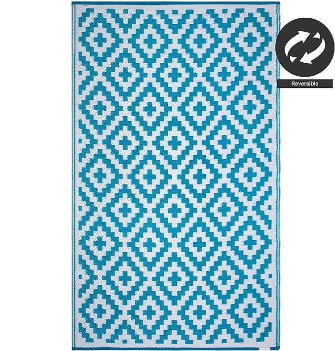 FH Home Outdoor Rug - Waterproof, Fade Resistant, Reversible - Premium Recycled Plastic - Geometric - Porch, Deck, Balcony, Mudroom, Laundry Room, Patio - Aztec - Teal & White Crease Free - 3 x 5 ft