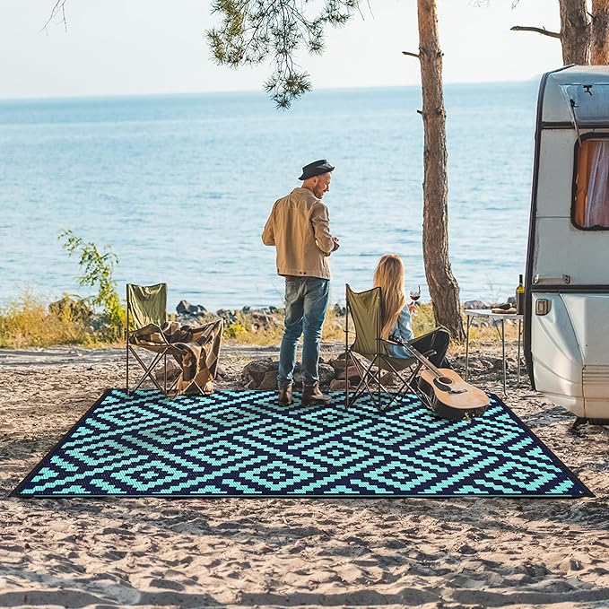 GENIMO Outdoor Rug for Patio Clearance, 6'x9' Waterproof Camping Mat, Reversible Plastic Straw Rugs for RV, Camper, Balcony, Backyard, Picnic, Deck (Navy Blue & Jade Green)