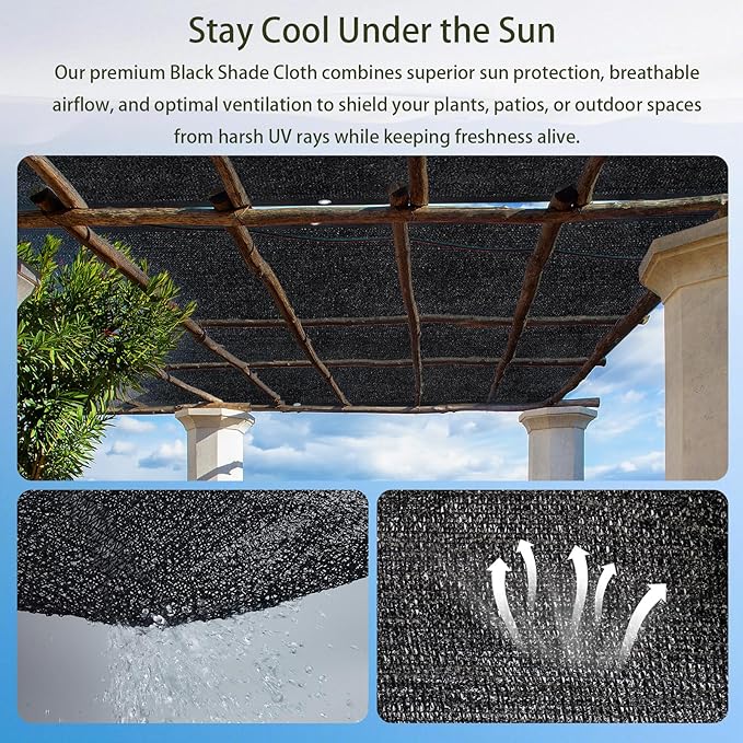 50% Black Shade Cloth, 10 x 20 FT Sun Shade Net with Grommets, Garden Sunblock Shade Cloth Shading for Greenhouse, Plant, Pergola, and Backyard Patio