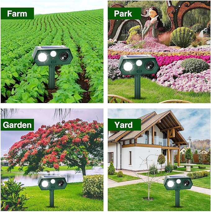 2025 Solar Ultrasonic Raccoon Squirrel Deer Repellent Rabbit Deterrent Animal Repeller Sonic Fortress Pro with Flash Light Motion Sensor to Keep Cat Dog Fox Skunk Out of Garden Yard(2Pack)