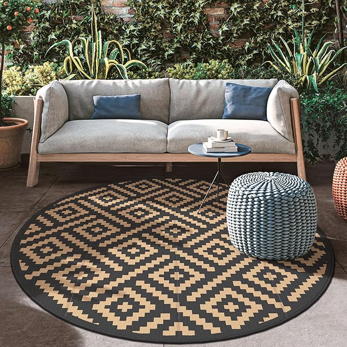 GENIMO 8' Round Outdoor Rug for Patios Clearance, Reversible Plastic Straw Rugs, RV Camping Mat for Camper, Balcony, Backyard, Picnic, Deck, Black & Brown