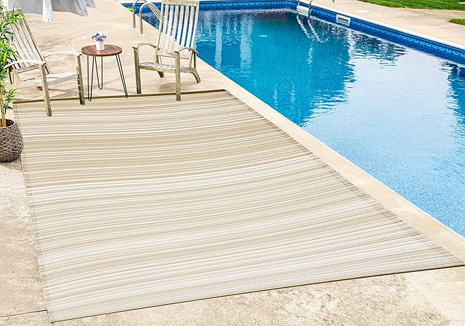 FH Home Outdoor Camping Rug - Waterproof, Fade Resistant, Reversible - Premium Recycled Plastic - Striped - Large Patio, Deck, Sunroom, RV - Havana - Beige - 5 x 8 ft Foldable