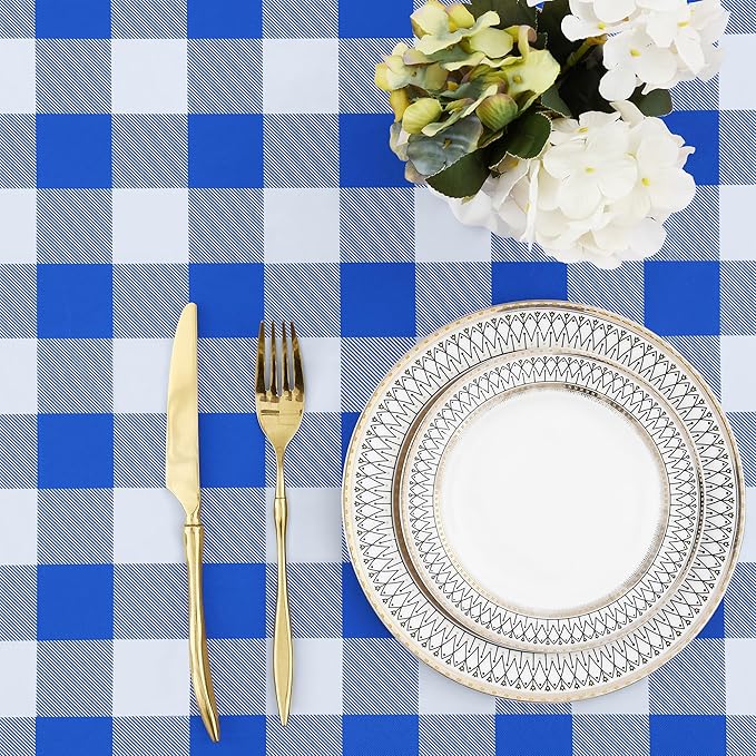 misaya Buffalo Rectangle Picnic Tablecloth, 4 Foot Elastic Fitted Vinyl Table Cloth with Flannel Backing, Waterproof Plaid Table Covers for Dining, Camping, Outdoor (Blue and White, 24" x 48")
