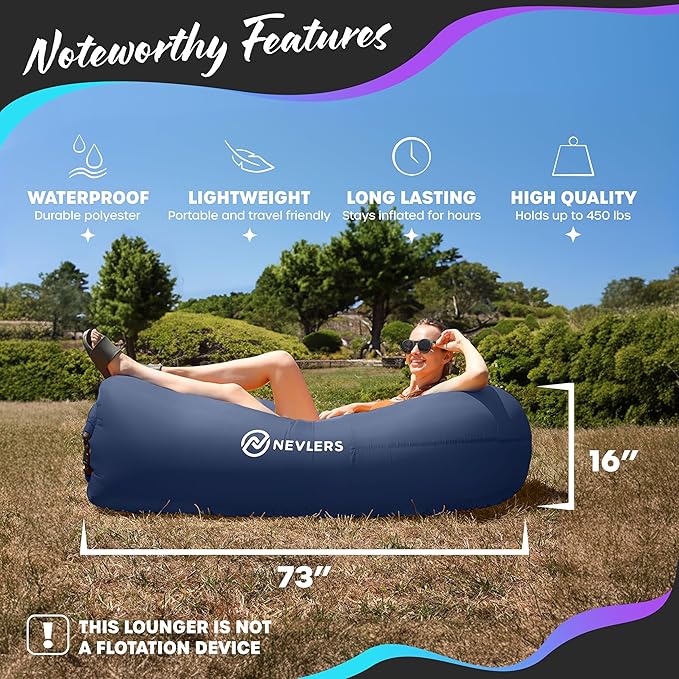Nevlers 2 Pack Inflatable Loungers Air Sofa Couch | Perfect for Beach Chair Camping Chairs or Portable Hammock |Travel Bag Pouch, Pegs & 3 Pockets| Movie Seating & Camping Accessories Blow Up Lounger