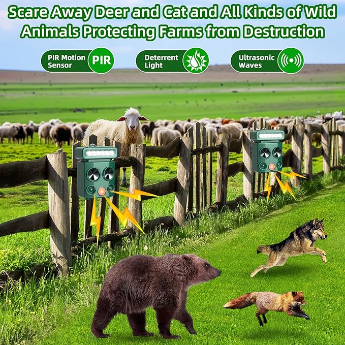 Solar Ultrasonic Animal Repeller with Motion Detection&LED Strobe Light, 2Pcs Deer Deterrent Devices Outdoor to Repel Dog Squirrel Rabbit Raccoon Repellent for Farm