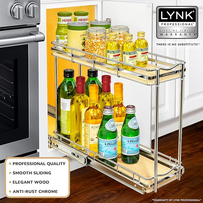 LYNK PROFESSIONAL® Élite™ Pull Out Spice Rack Organizer for Inside Kitchen Cabinets - 6"x21" - Slide Out Drawer – Wood/Chrome Sliding Spice Cabinet Organization Shelf Racks - 2 Tier