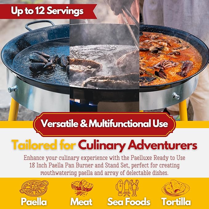 Paella Burner and Stand Set 12 Servings, 18 Inch Paella Pan, Dual Propane Outdoor Stove with Stand & Regulator, Portable Gas Cooker for Camping Crawfish Boil Cooking Outdoor, Paellera Propano