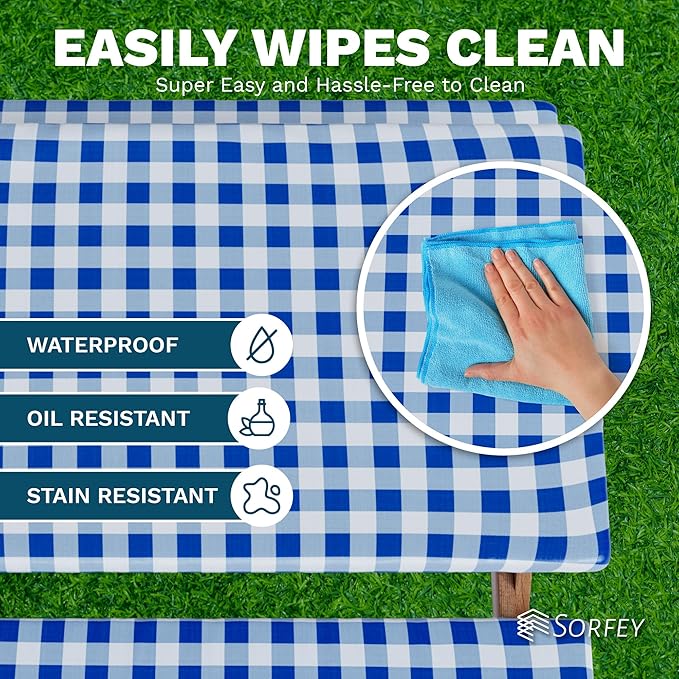 Sorfey Picnic Table Cover with Bench Covers -Fitted with Elastic, Vinyl with Flannel Back, Fits for Table 30"x 96" Rectangle,Water Proof, Solid Blue Design