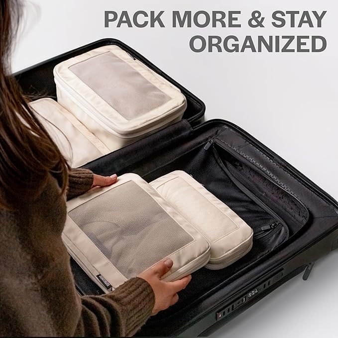 Compression Packing Cubes for Travel - Luggage Organizer Bags - Double Zipper Packing Cubes for Suitcases (6-Pack, Beige)
