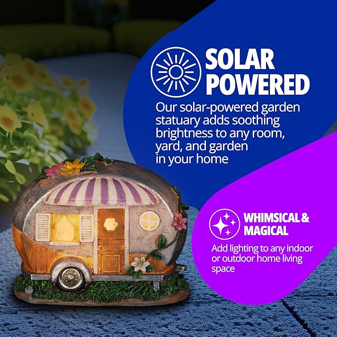 Exhart Garden Sculpture, Solar Camping Trailer with Lavender Awning Garden Statue, LED Lights, Outdoor Garden Decoration, 5 x 9 x 6 Inch
