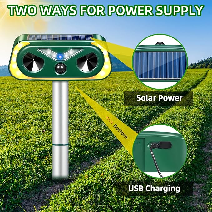 2025 Solar Animal Repellent Ultrasonic Cat Repellent Outdoor with Motion Sensor & Flashing Lights,Ultrasonic Control for Deer, Squirrel,Raccoon,Rabbit,Fox,Skunk Deterrent for Yard Garden,4 Pack