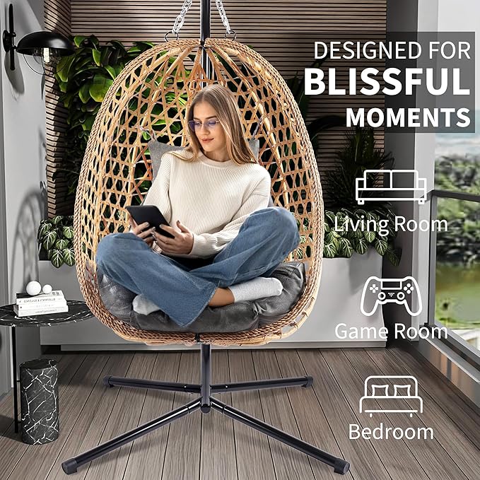 Egg Chair with Stand, Patio Wicker Hanging Chair, Hammock Swing Chair, 350LBS Capacity for Bedroom, Balcony, Garden (YE-GR)