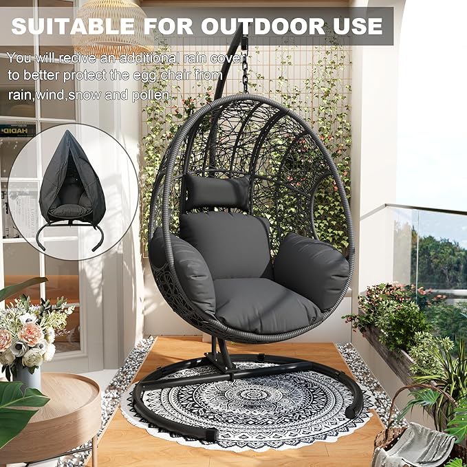 Oversized Hanging Egg Chair Outdoor Indoor, Wicker Swing Egg Chair with Stand 400lbs Capacity for Bedroom, Patio, Garden and Balcony (Grey-nest, Oversize)