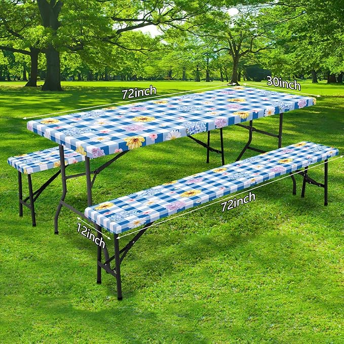 DYNH 3 Pcs Picnic Table Cover with Bench Covers, Waterproof Reusable Elastic Fitted Tablecloths for 6 Ft Rectangle Tables, Washable Floral Plaid Tablecloth for Camping,Outdoor Essentials,30X72IN