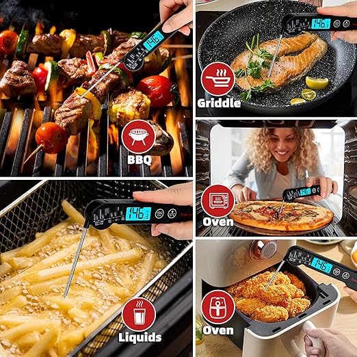 Digital Meat Thermometer for Cooking, Grilling & BBQ - Ultra-Fast Instant Read Thermometer with Waterproof Design,Backlight & Calibration - Perfect for Candy Making, Deep Frying, Turkey, Beef (Black)