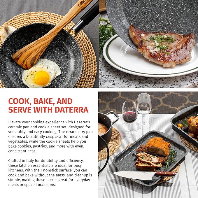 DaTerra Cucina 9.5" Non-stick Ceramic Fry Pan & Twin Baking Sheets Set – Oven Proof, Ideal for Frying, Sautéing, Roasting, and Baking, Made in Italy, Volcanic Black Speckled Design Kitchenware