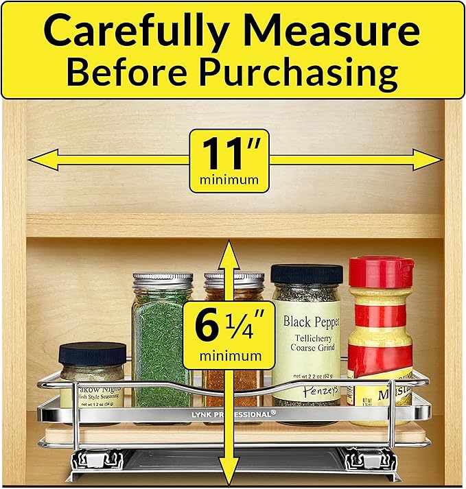 LYNK PROFESSIONAL® Élite™ Pull Out Spice Rack Organizer for Inside Kitchen Cabinets - 10-1/4 inch Wide - Slide Out Drawer – Wood/Chrome Sliding Spice Cabinet Organization Shelf Racks - 1 Tier