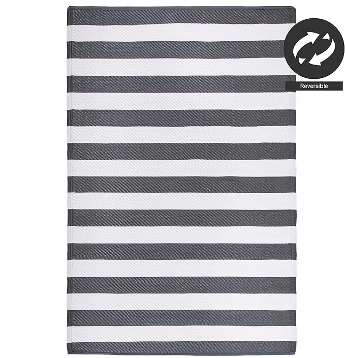 FH Home Outdoor Rug - Waterproof, Fade Resistant, Crease-Free - Premium Recycled Plastic - Geometric - Patio, Porch, Deck, Balcony - Brittany Stripe - Gray & White - 5 x 8 ft