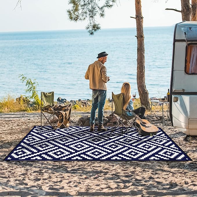GENIMO Outdoor Rug for Patio Clearance,9'x12' Waterproof Large Mat,Reversible Plastic Camping Rugs,Rv,Porch,Deck,Camper,Balcony,Backyard (Navy Blue & White)