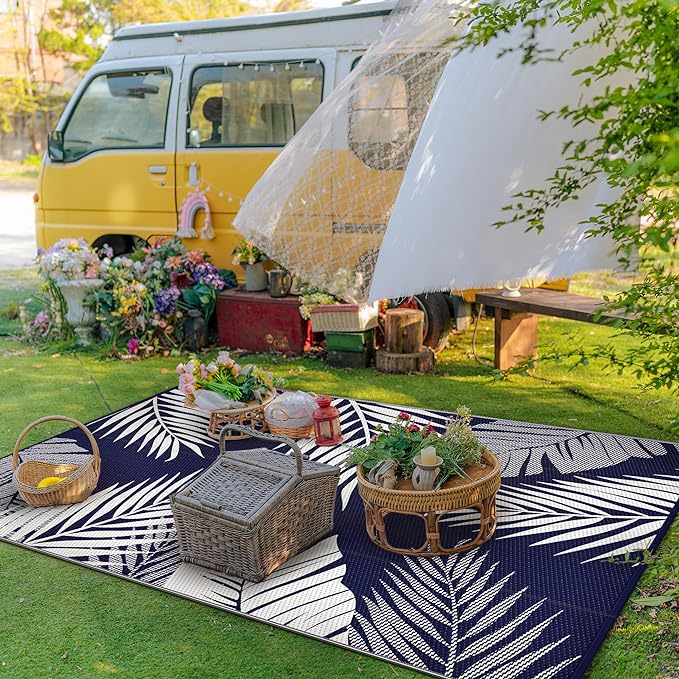GENIMO Outdoor Rug 8' x 10' Waterproof for Patios Clearance, Reversible Outdoor Plastic Straw Camping Rug Carpet, Large Area Rugs Mats for RV, Camper, Deck, Balcony, Porch, Beach, Navy Blue&White
