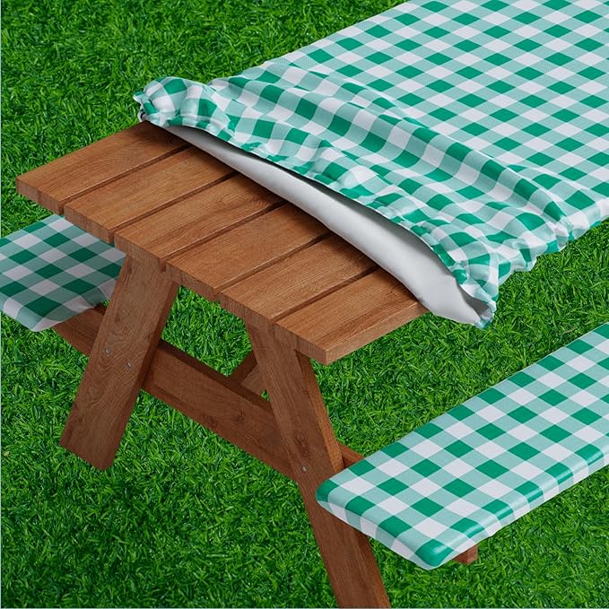 Sorfey Picnic Table Cover with Bench Covers -Fitted with Elastic, Vinyl with Flannel Back, Fits for Table 28"x 72" Rectangle,Water Proof, Checked Green Design