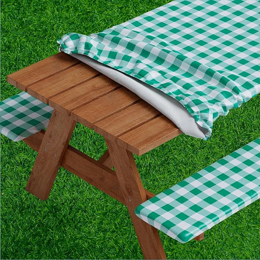 Sorfey Picnic Table Cover with Bench Covers -Fitted with Elastic, Vinyl with Flannel Back, Fits for Table 28"x 72" Rectangle,Water Proof, Checked Green Design
