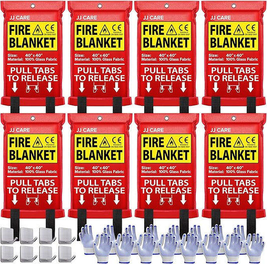 JJ CARE Fire Blanket – 8 Packs with Hooks and Gloves – Emergency Fire Blanket for Home & Kitchen, High Heat Resistant Fire Suppression Blankets for Home Safety, Kitchen, and Camping
