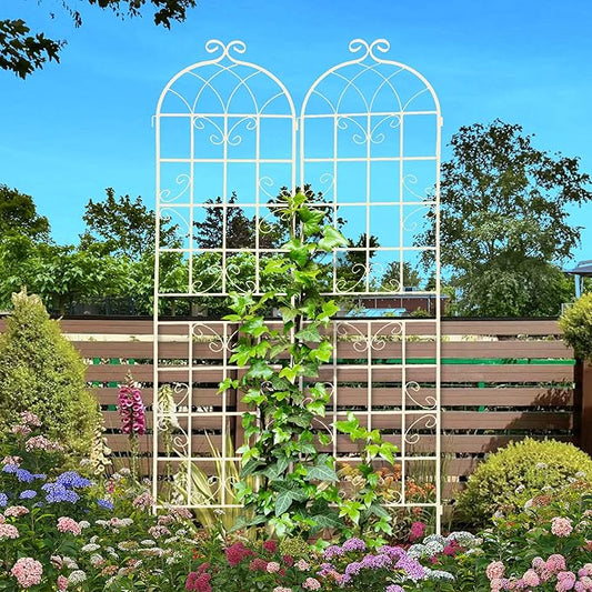2 Pack Metal Garden Trellis 86.7" H Cream White Garden Fence Rustproof Trellis for Climbing Plants Support Roses Flower Outdoor Lawn, White Tall