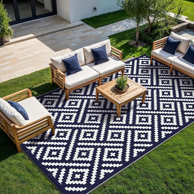 GENIMO Outdoor Rug for Patio Clearance, 10'x14' Waterproof Large Camping Mat, Reversible Plastic Straw Rugs for RV, Camper, Balcony, Backyard, Picnic, Deck (Navy Blue & White)