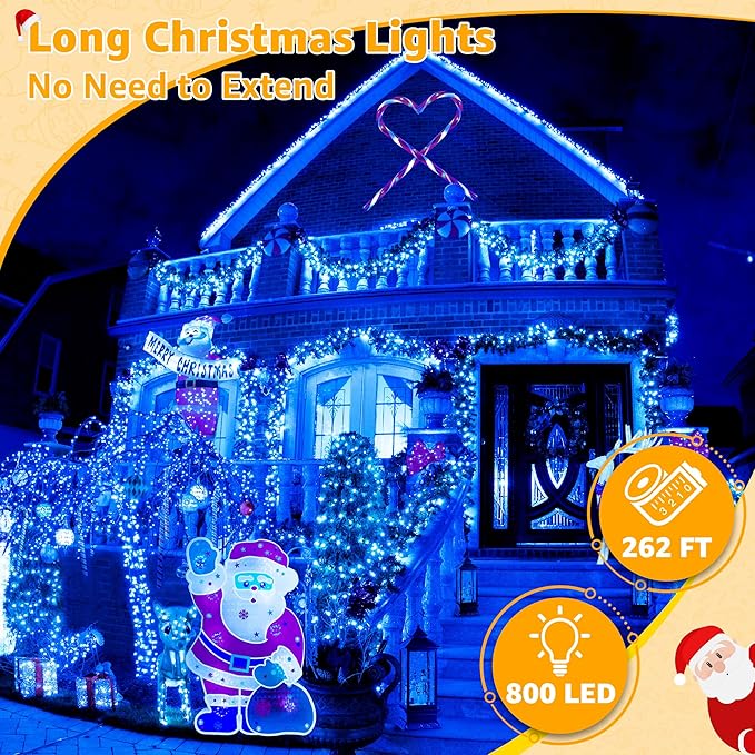 Ollny Christmas Lights Outdoor 800LED 262FT, Blue Plug in Fairy Lights with Remote, 8 Modes Waterproof Timers Dimmable LED String Lights for Indoor House Outside Bedroom Patio Balcony