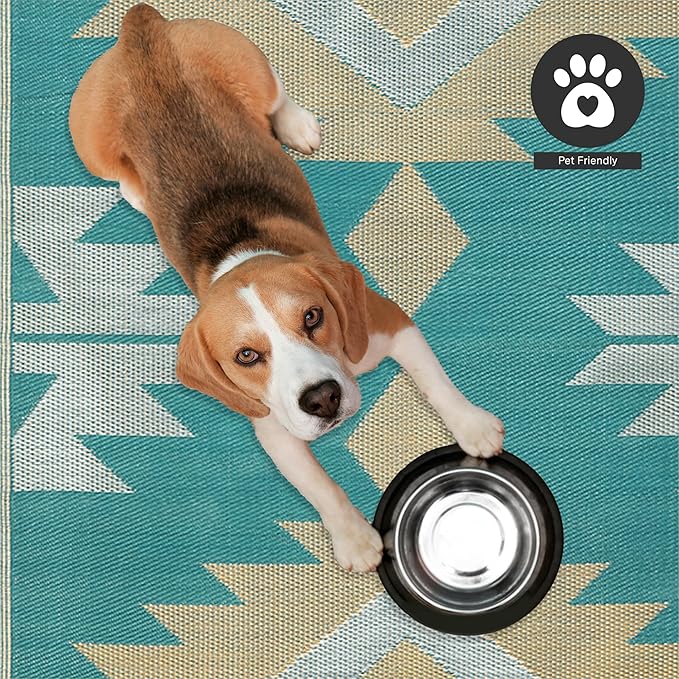 FH Home Outdoor Rug - Waterproof, Fade Resistant, Reversible - Premium Recycled Plastic - Geometric - Patio, Deck, Porch, Balcony - Bursa Kilim - Teal Crease Free - 5 x 8 ft