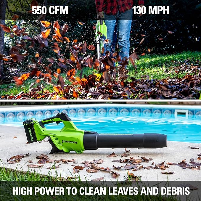 Greenworks 40V (130 MPH / 550 CFM / 75+ Compatible Tools) Cordless Brushless Axial Leaf Blower, Tool Only