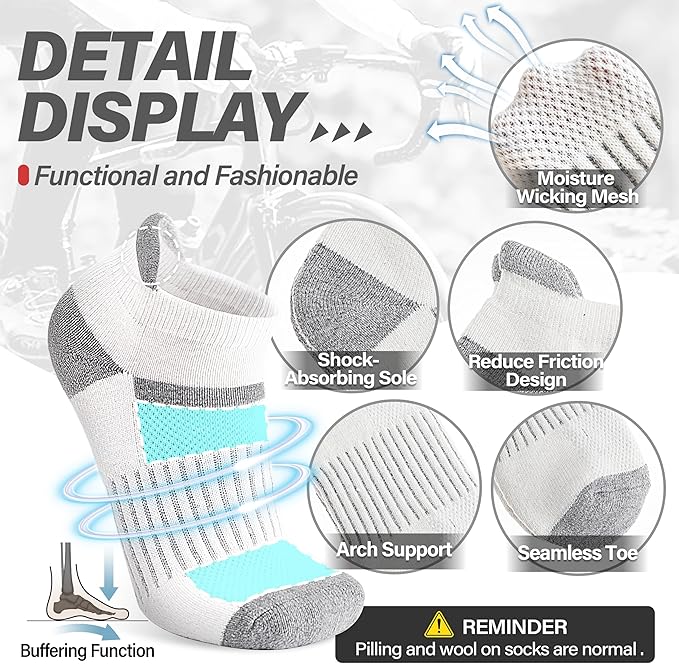 6 Pairs Merino Wool Ankle Running Hiking Socks Compression Support Breathable Thick Cushion No Show Socks for Women Men