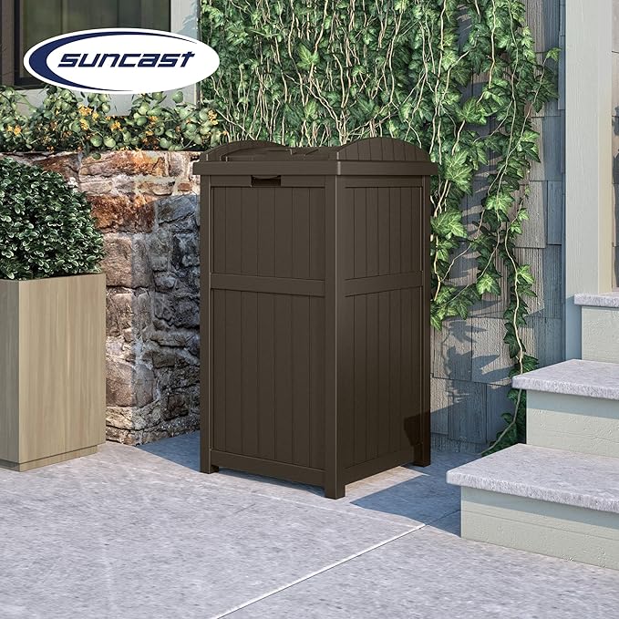 Suncast Trash Hideaway Durable Plastic Outdoor Garbage Waste Trash Can with Lid for 30 to 33 Gallon Trash Bags, Java Brown (2 Pack)