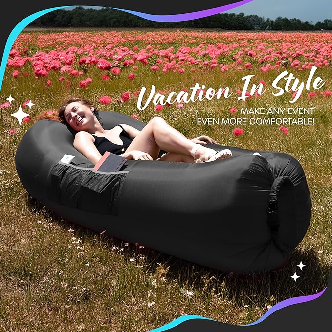 Nevlers Inflatable Lounger | 210T Polyester Inflatable Chair | No-Pump Blow Up Couch | Camping Couch Air Sofa Bed w/ 450 lbs. Cap., Pockets & Matching Bag | Use as Inflatable Couch for Adults & Kids