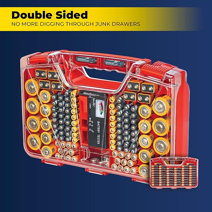 Ontel Battery Daddy Storage & Organizer Case with Tester, Stores & Protects Up to 180 Batteries, Double-Sided, Durable Design with Clear Locking Lid, Secure Latches & Portable Carrying Handle - Red