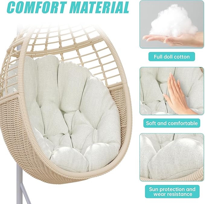 Egg Swing Chair with Stand: Hand Woven PE Rattan Hanging Chairs Hammock - Indoor Outdoor Swinging Lounger with Soft Cushion for 330lbs Patio Balcony Garden Living Room Bedroom Porch, Beige