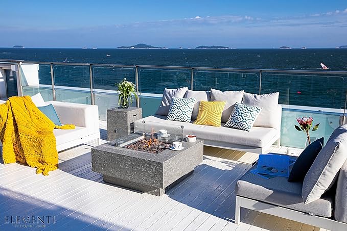 Elementi | Manhattan Gas Fire Pit Cast Concrete 36" Square Fire Table, Outdoor Fire Pit Electronic Ignition | Canvas Cover, Lava Rock Included | Light Gray (Propane Gas)