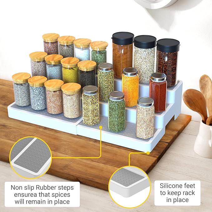 YAN & HIN Pack of 2, 3-Tier Spice Racks, Expandable and Non-Skid, Ideal as Medicine Cabinet Organizers, Kitchen Shelf Pantry Organizer, and Seasoning Organizer, Canned Food Organizer